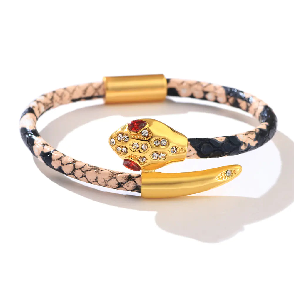 Pulsera de cabeza de serpiente de cobre con incrustaciones de leopardo de circón