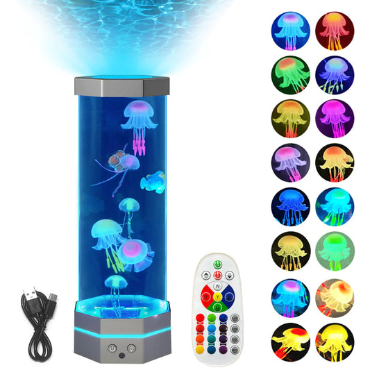 Lámpara de Lava con Medusas Flotantes – 17 Colores LED, Control Remoto, Luz Nocturna Decorativa 15” USB   | Magia Marina en tu Hogar
