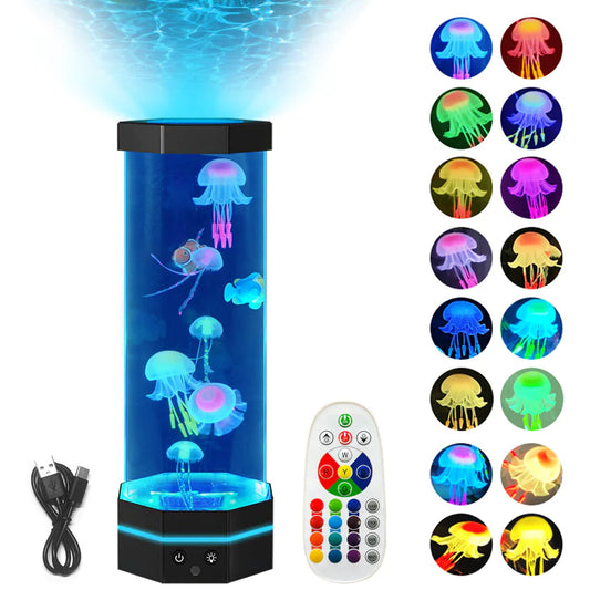 Lámpara de Lava con Medusas Flotantes – 17 Colores LED, Control Remoto, Luz Nocturna Decorativa 15” USB   | Magia Marina en tu Hogar